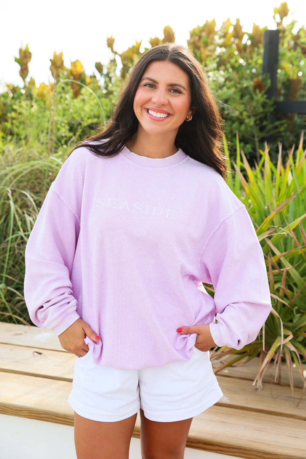 Orchid Purple Lilac Seaside Corded RIbbed Embroidered Sweatshirt