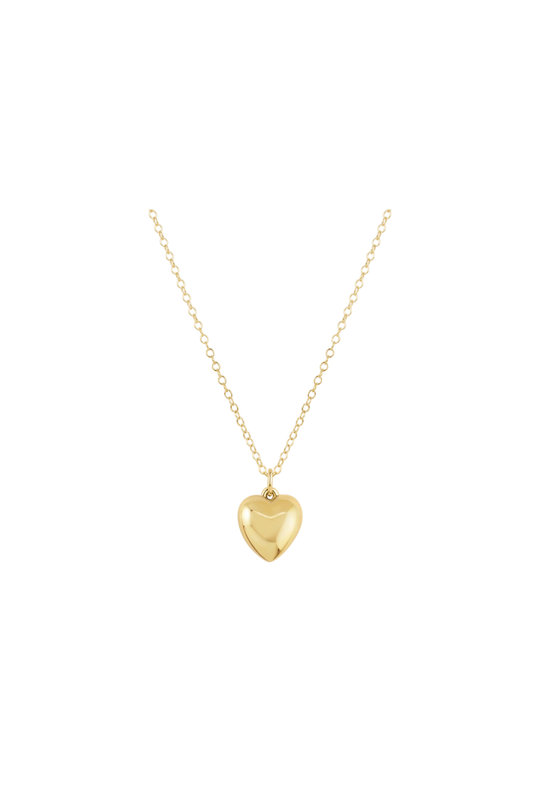 A gold heart pendant necklace on a delicate gold chain, centered against a solid white background.