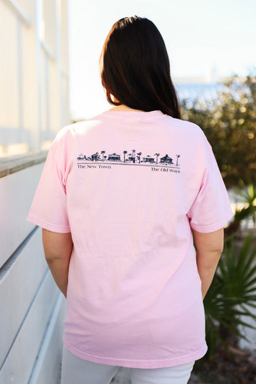 Blossom pink Short sleeve Unisex Seaside Tee back showing Seaside Townscape in navy new town old ways