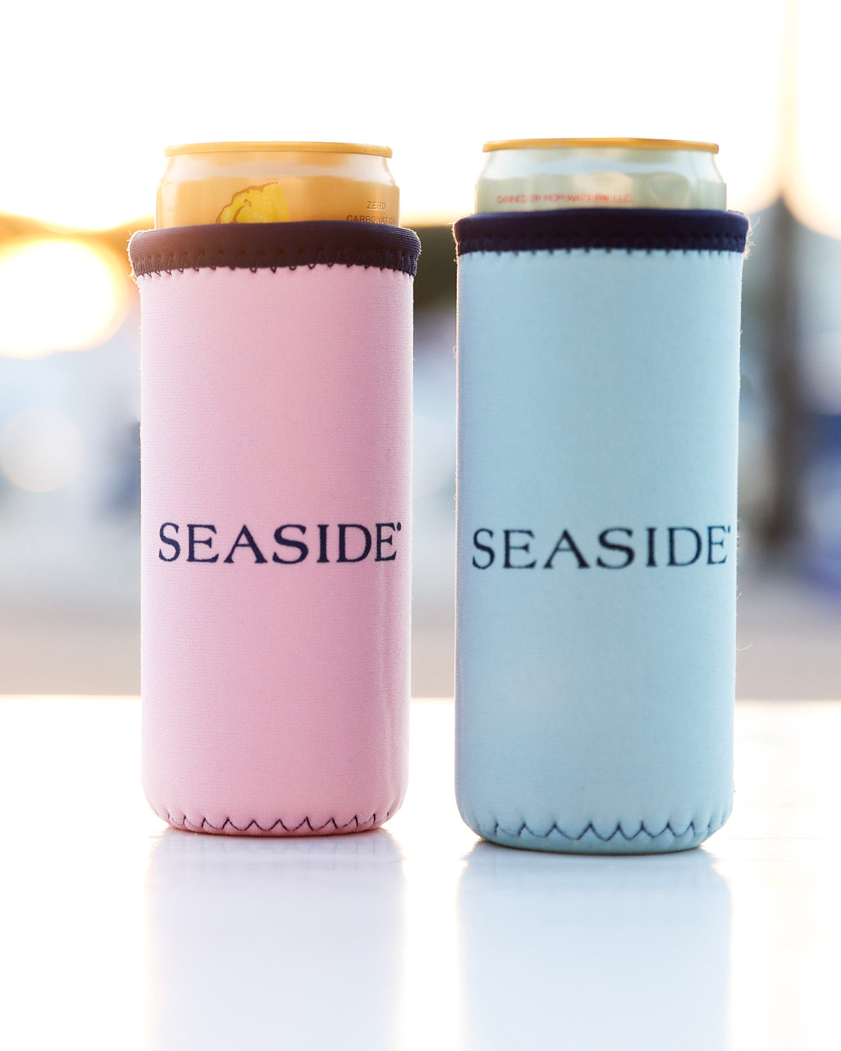 Blue and pink Seaside Slim Can Insulator