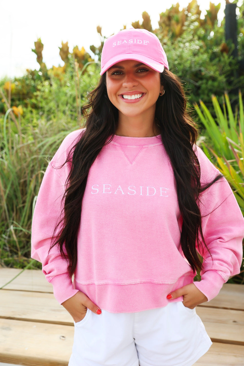 Bubblegum Pink Cropped Seaside Corded RIbbed Sweatshirt
