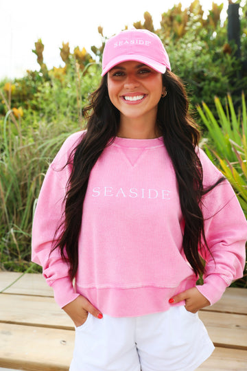 Bubblegum Pink Cropped Seaside Corded RIbbed Sweatshirt