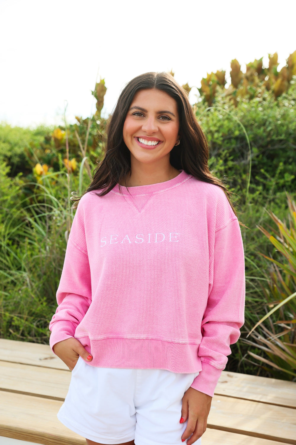 Bubblegum Pink Cropped Seaside Corded ribbed Sweatshirt