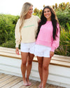 Bubblegum Pink and Ivory white Cropped Seaside Corded Ribbed Sweatshirt