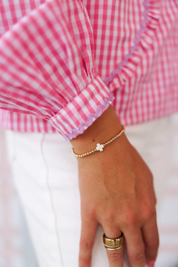 Enewton Signature Cross Gold Pattern 3mm Bead Bracelet - Off White