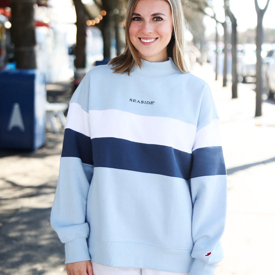 Chambray Color Block Seaside Mock Neck The Seaside Style 30A Chambray 
