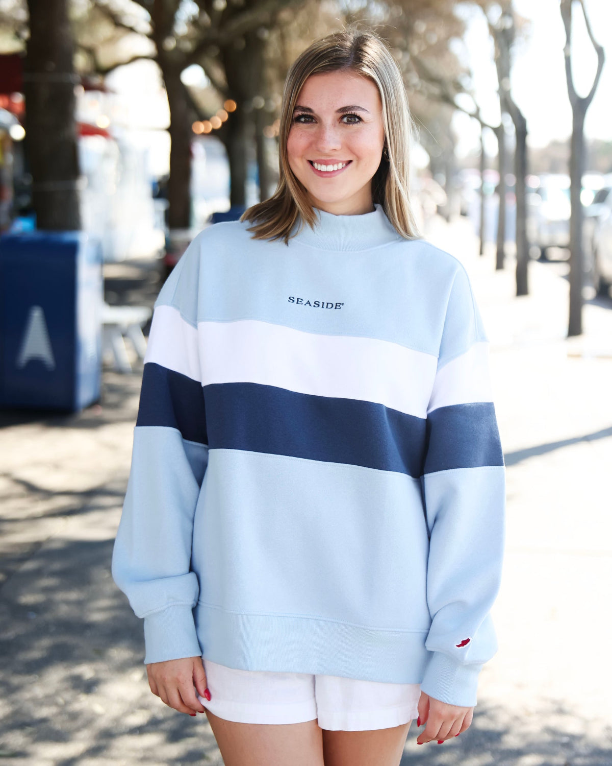 Chambray Color Block Seaside Mock Neck The Seaside Style 30A Chambray 