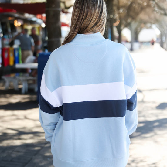 Chambray Color Block Seaside Mock Neck The Seaside Style 30A Chambray 