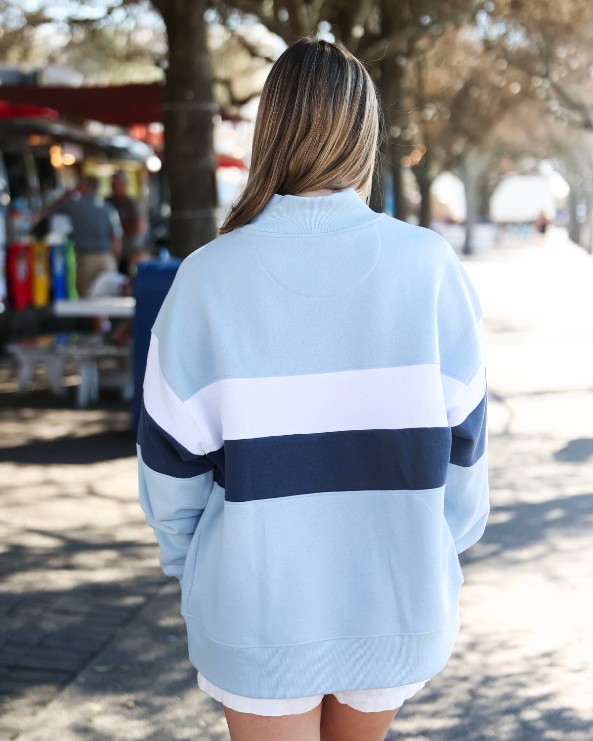 Chambray Color Block Seaside Mock Neck The Seaside Style 30A Chambray 