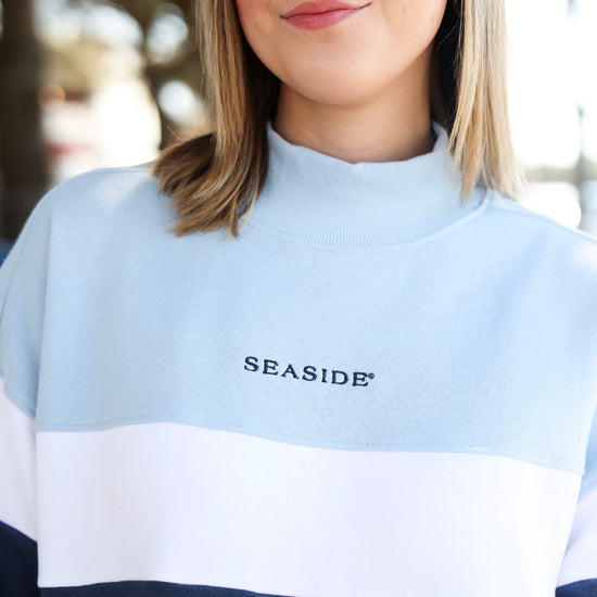 Chambray Color Block Seaside Mock Neck The Seaside Style 30A Chambray 