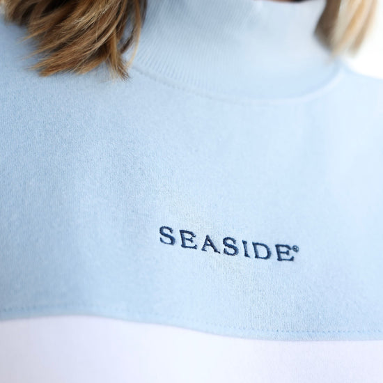 Chambray Color Block Seaside Mock Neck The Seaside Style 30A Chambray 
