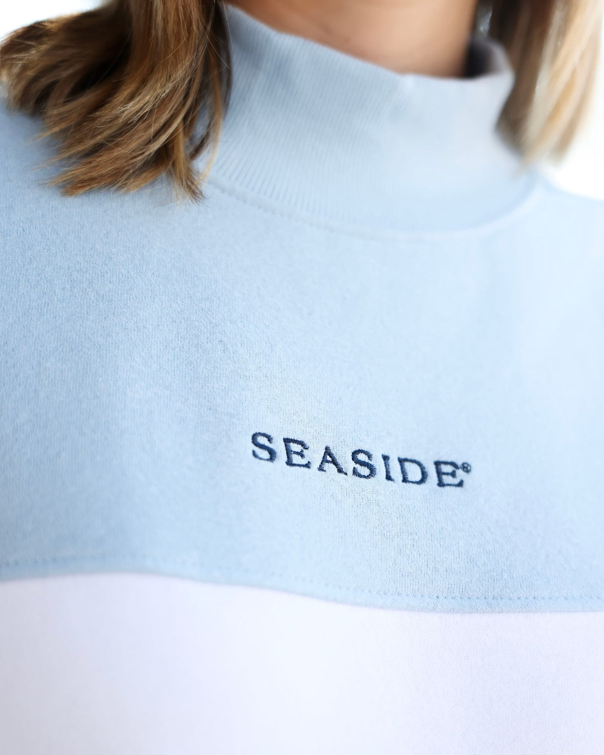Chambray Color Block Seaside Mock Neck The Seaside Style 30A Chambray 