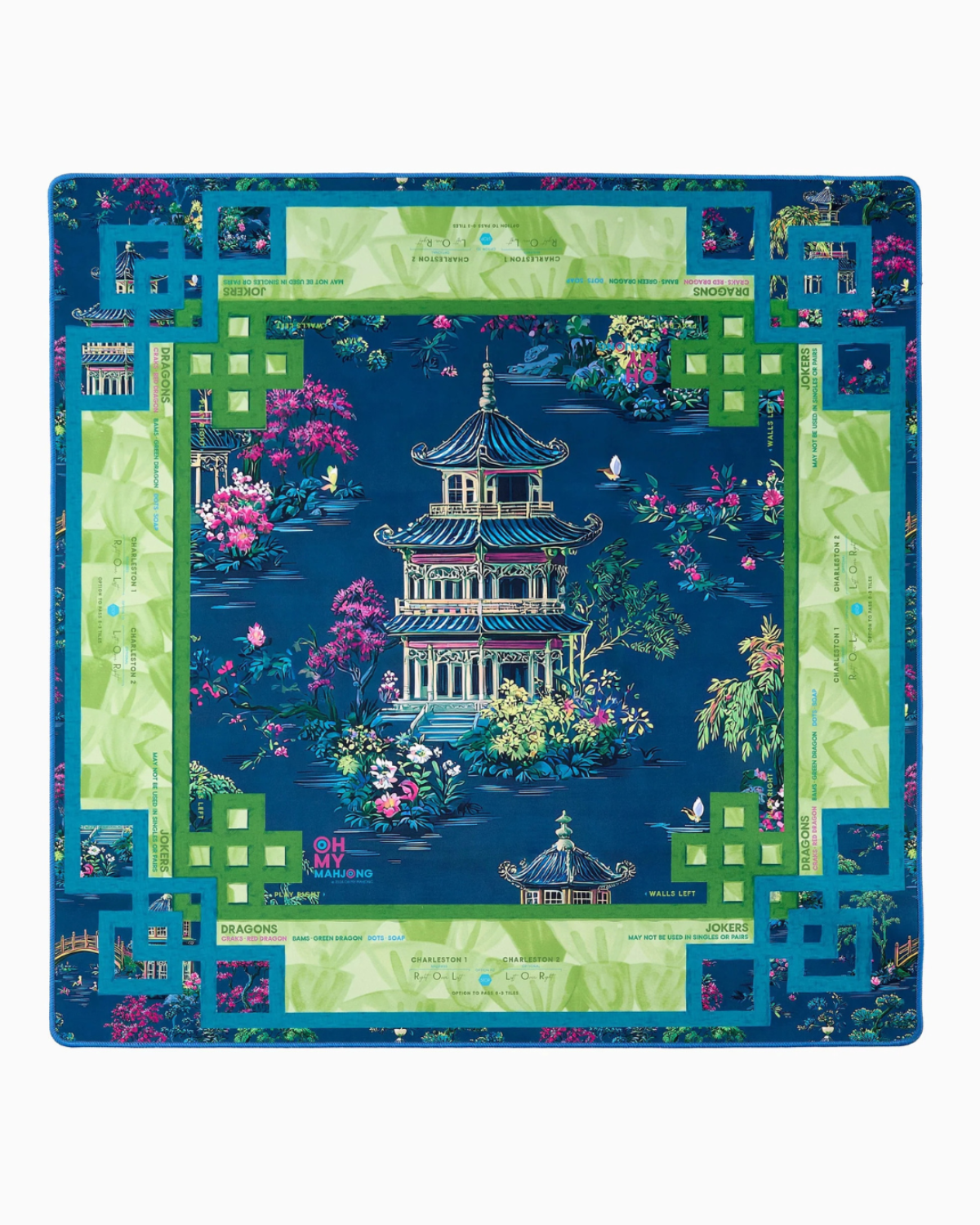 A square mahjong mat featuring an intricate Chinese landscape print with a central pagoda, pink cherry blossoms, and a green border, displayed flat against a white background.
