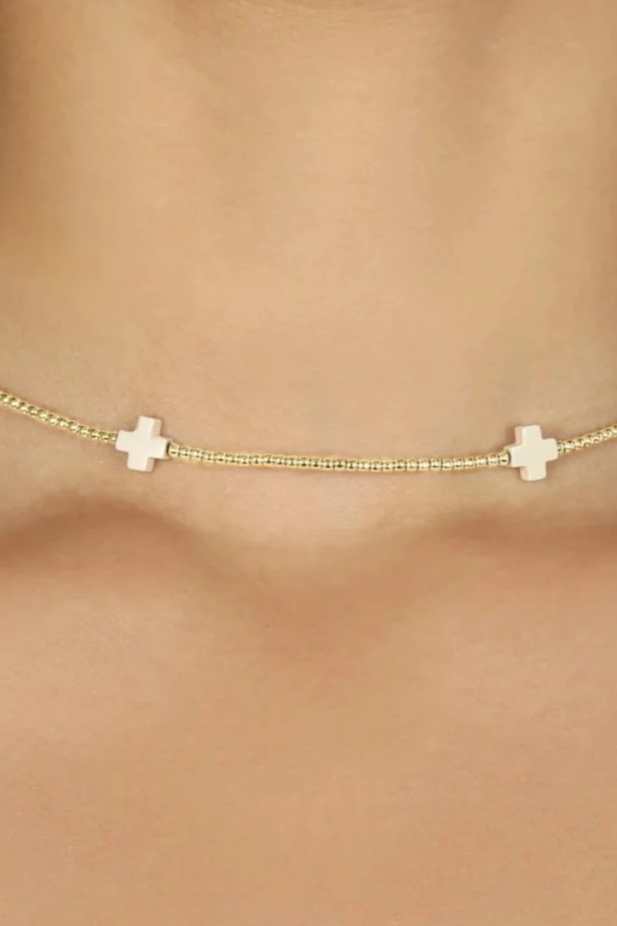 Enewton 15" Choker Signature Cross Gold Pattern 2mm Bead - Off-White