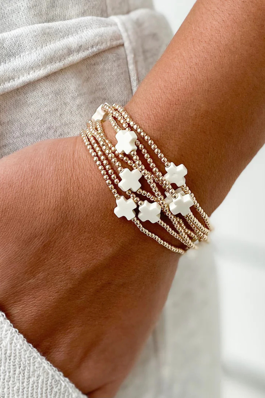 Enewton Signature Cross Gold Pattern 2mm Bead Bracelet - Off White