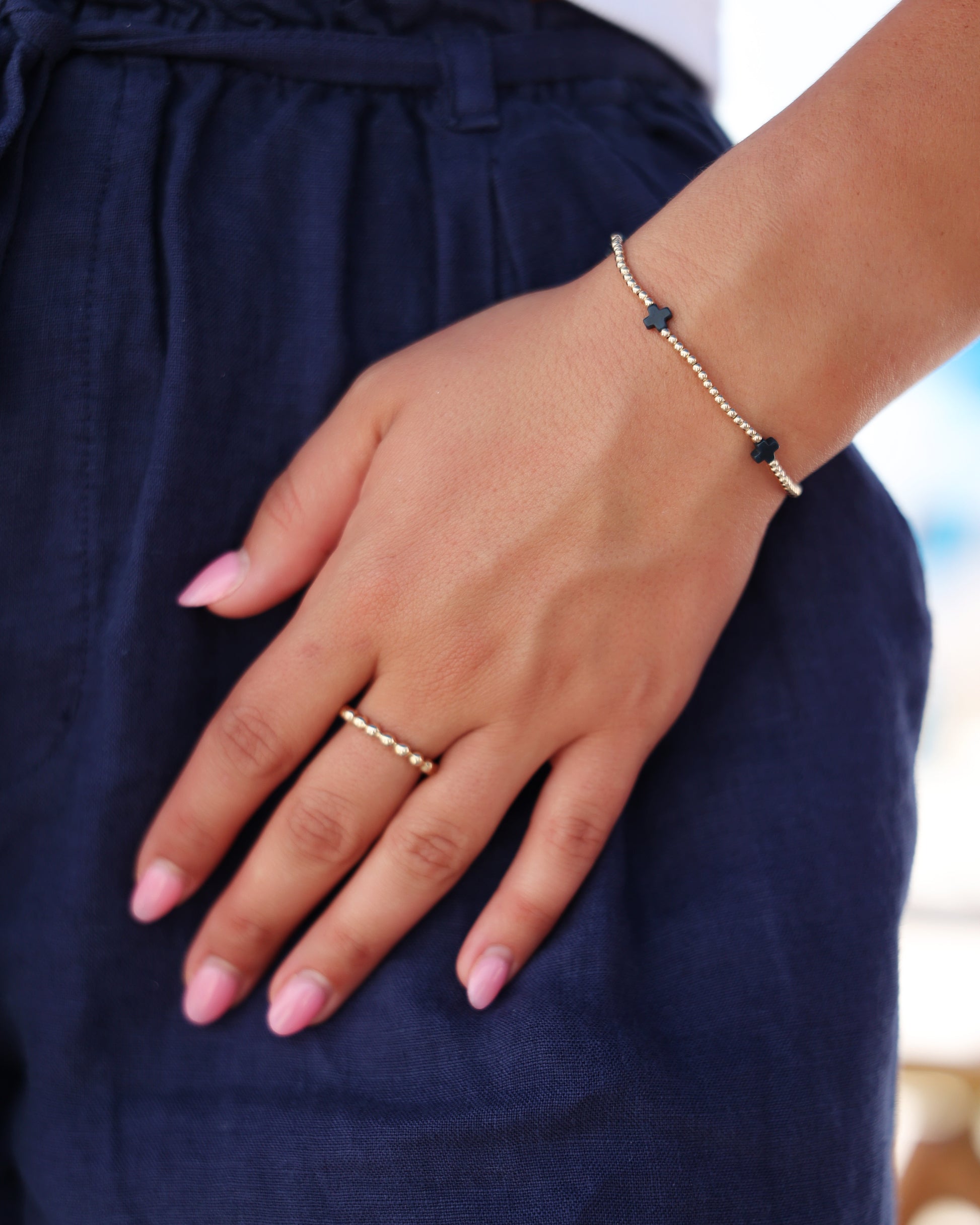 Enewton Signature Cross Small Gold Pattern 2mm Bead Bracelet Navy Seaside Florida 30A