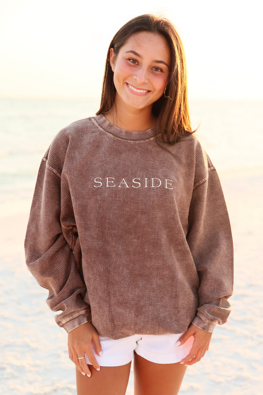 Espresso Brown Seaside Corded Embroidered Sweatshirt The Seaside Style 