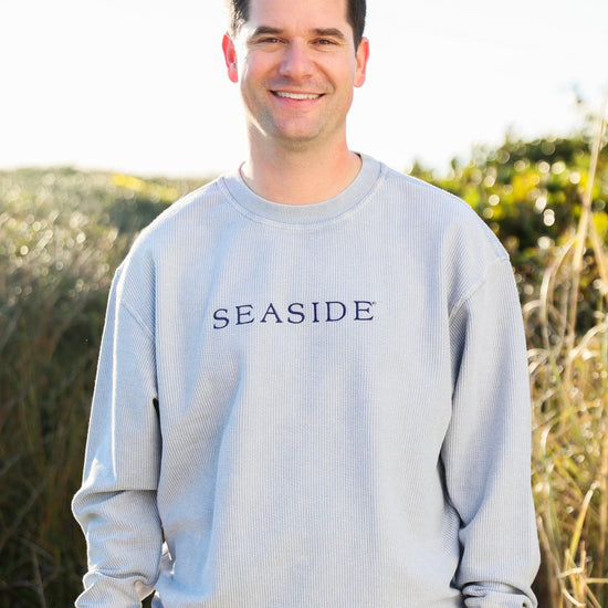 The Seaside Style Faded Denim Chambray blue jean Seaside Corded Embroidered Sweatshirt