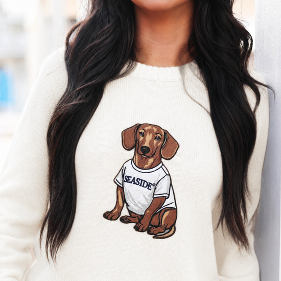 Ivory White  Bud the Dachshund Patch Sweater The Seaside Style 30a