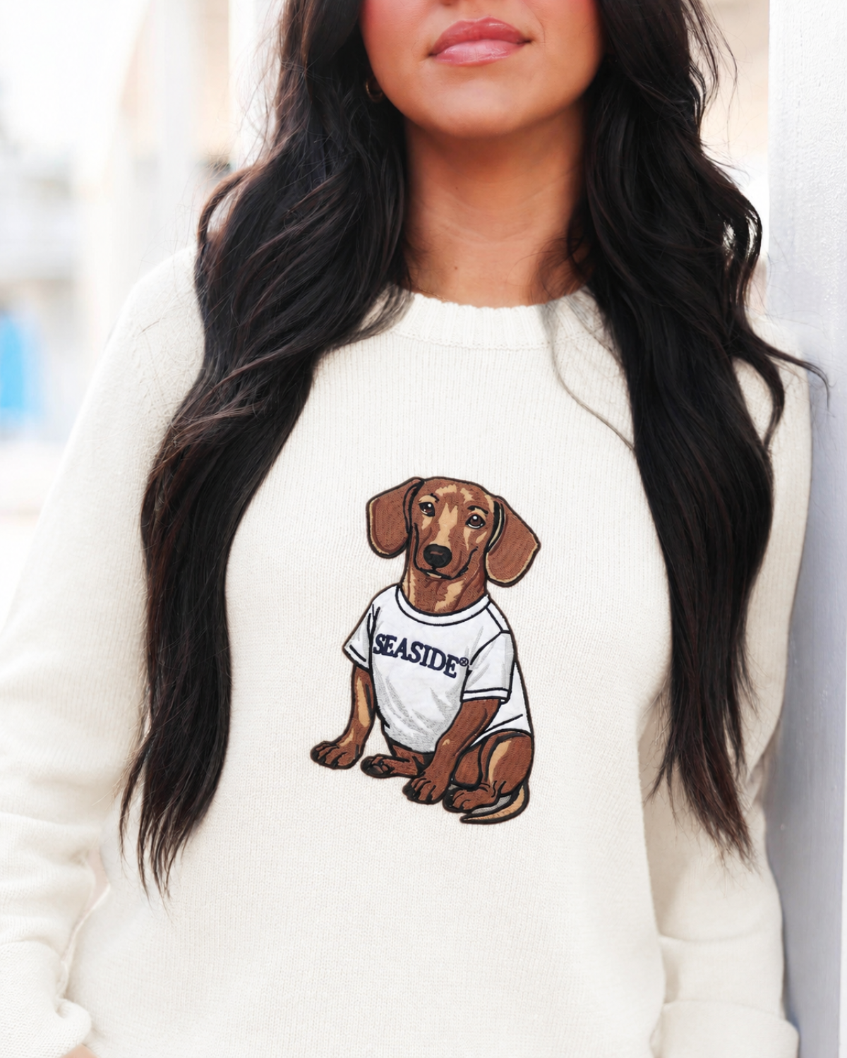 Ivory White  Bud the Dachshund Patch Sweater The Seaside Style 30a