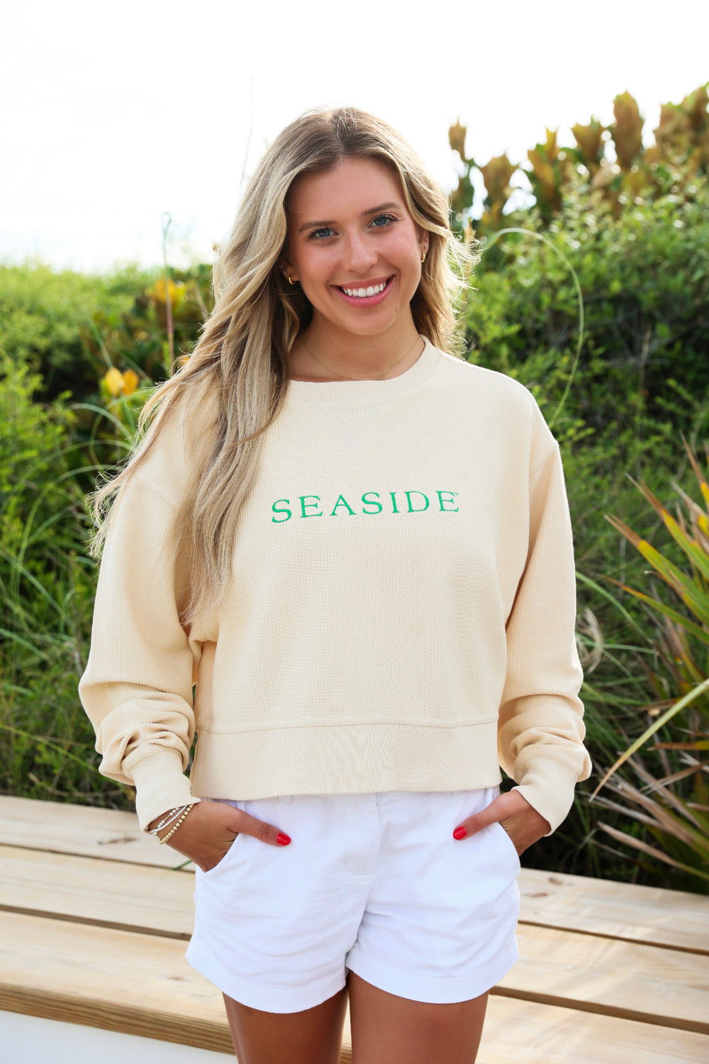Ivory White Cropped Seaside Corded RIbbed Sweatshirt
