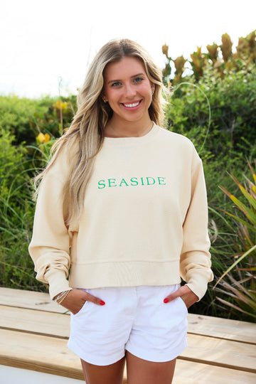 Ivory White Cropped Seaside Corded RIbbed Sweatshirt
