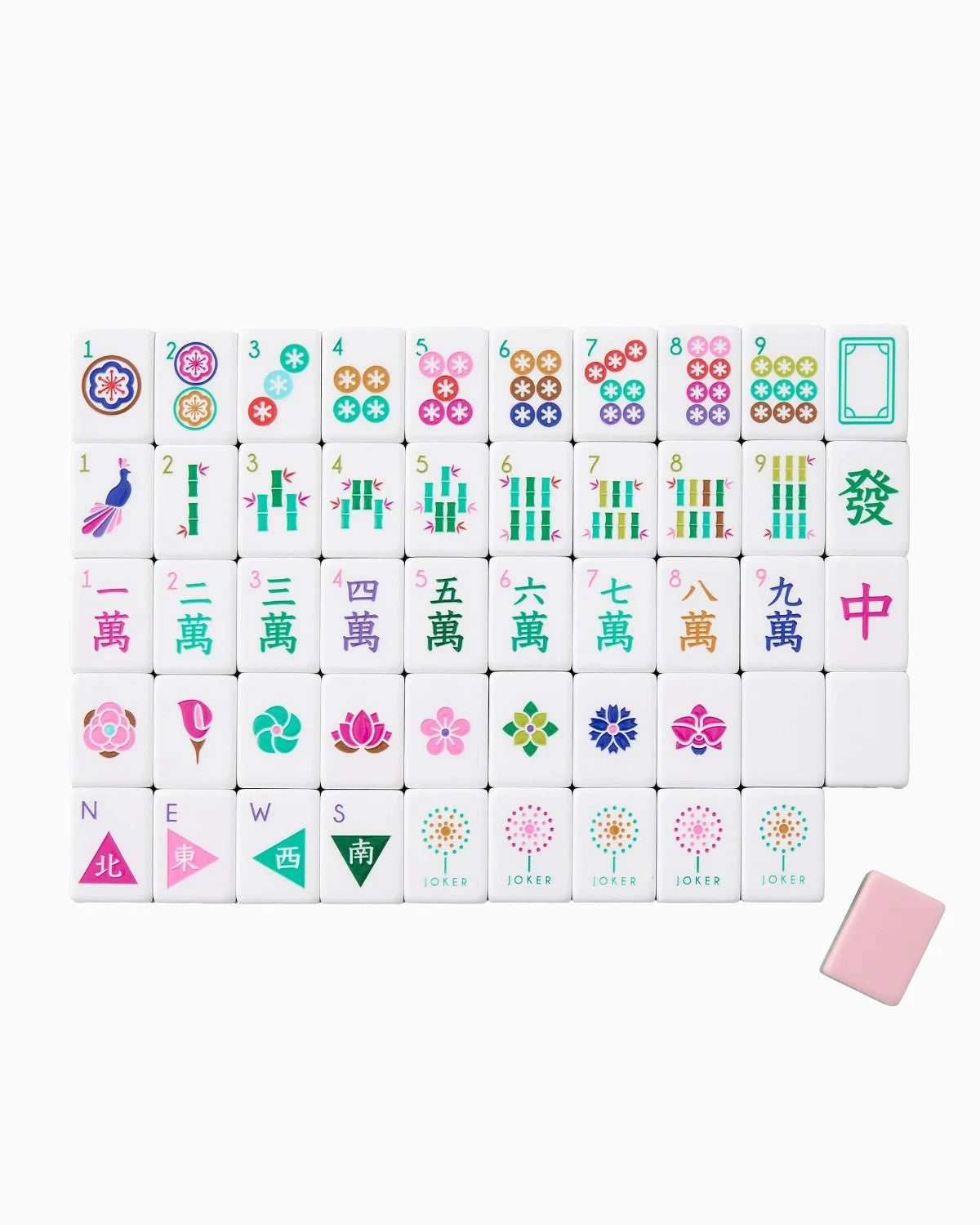 Set of colorful Mahjong tiles with various symbols on a white background