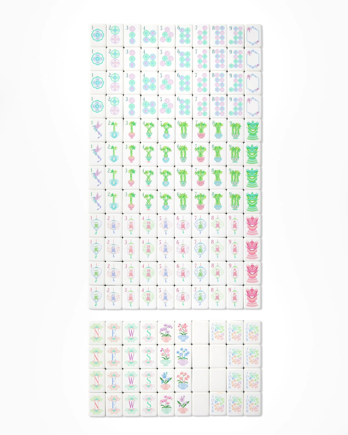 Set of colorful mahjong tiles on a white background