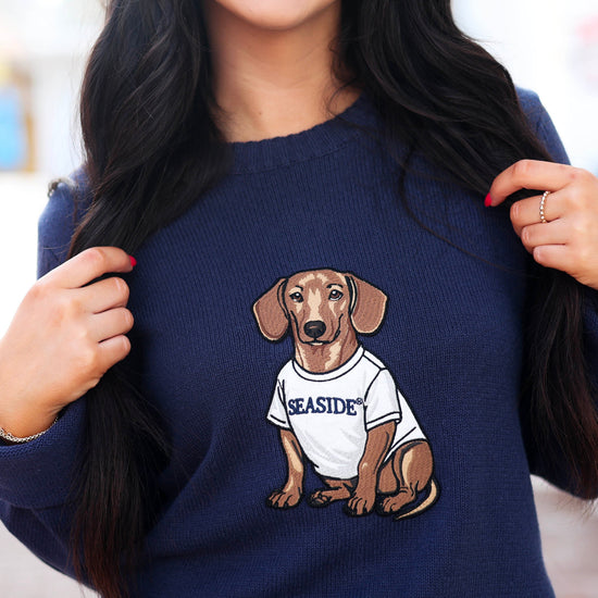 Navy blue Bud the Dachshund Patch Sweater The seaside Style 30a