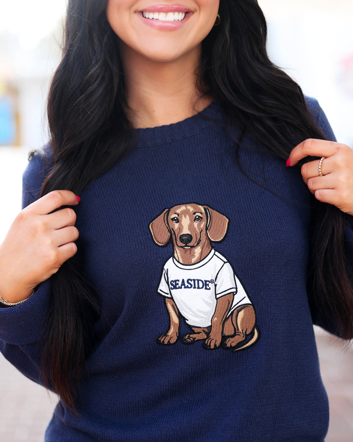 Navy blue Bud the Dachshund Patch Sweater The seaside Style 30a