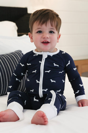 Navy Blue Bud the Dachshund Dog Sleep Romper Uptown Baby 