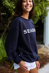 Navy Chenille Seaside Sweatshirt Detail shot showcasing bud tag and logo