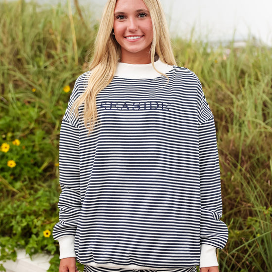 Navy Stripe Seaside Mock Neck Sweatshirt The Seaside Style 30a