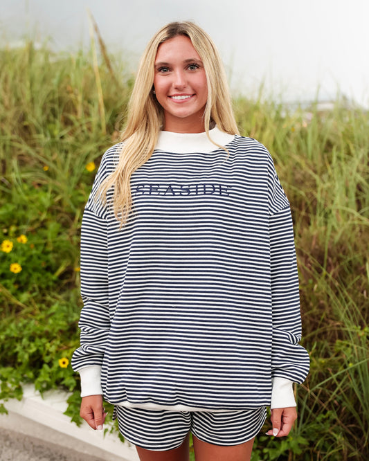 Navy Stripe Seaside Mock Neck Sweatshirt The Seaside Style 30a