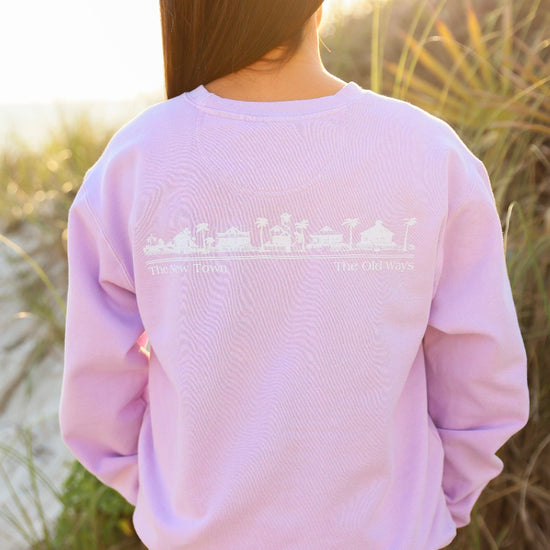 Orchid Purple Unisex Seaside Sweatshirt with white Seaside Townscape the new town the old ways