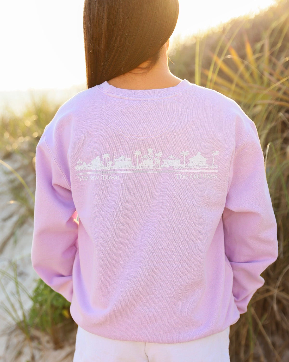 Orchid Purple Unisex Seaside Sweatshirt with white Seaside Townscape the new town the old ways