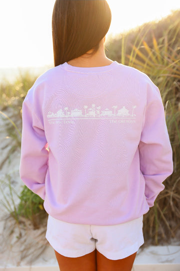 Orchid Purple Unisex Seaside Sweatshirt with white Seaside Townscape the new town the old ways