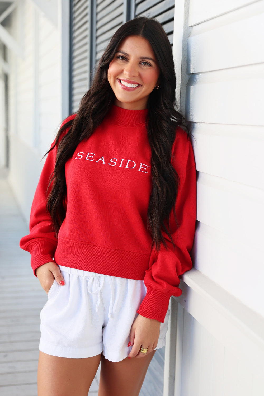Red Seaside Cropped Mockneck Sweatshirt
