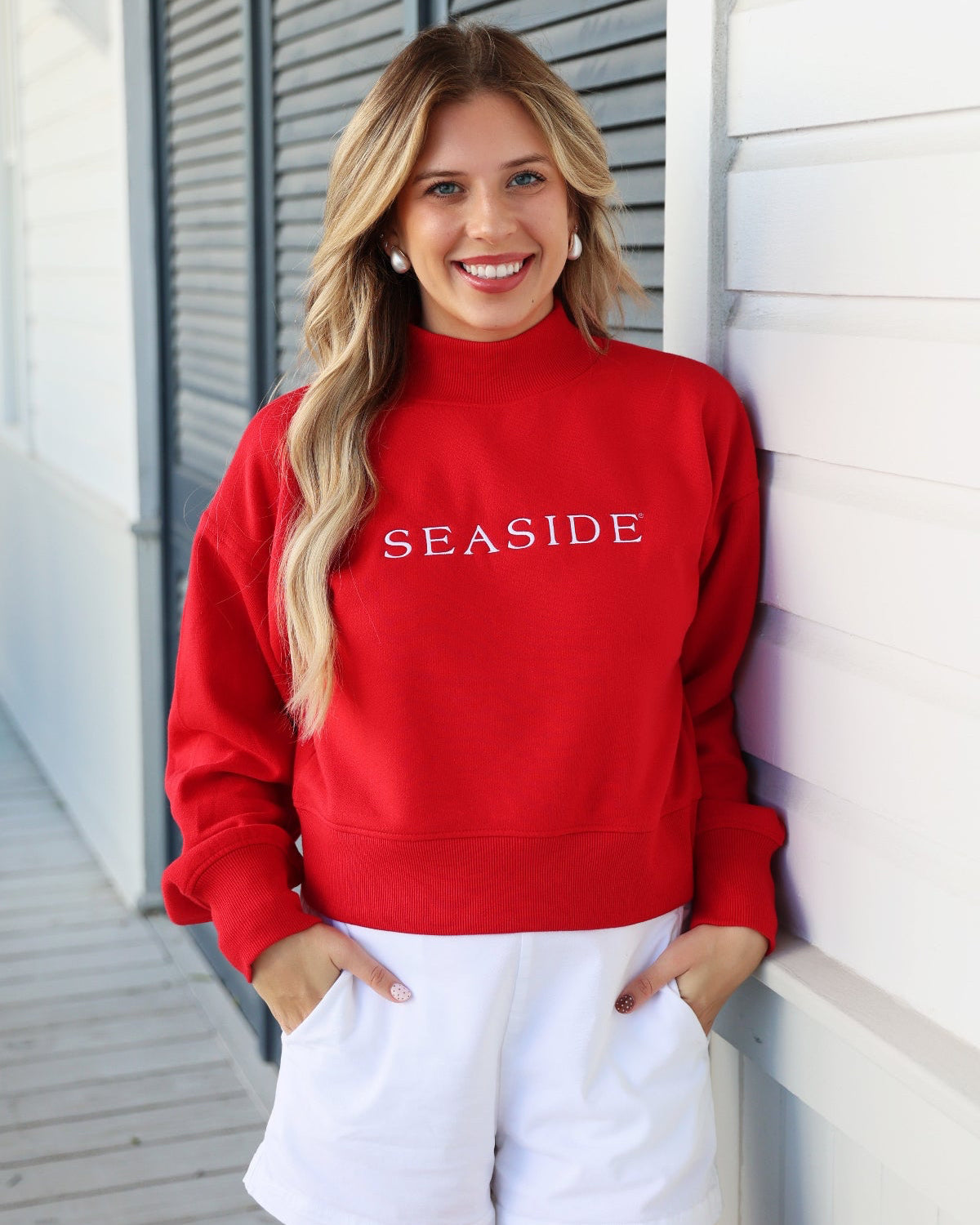 Red Seaside Cropped Mockneck Sweatshirt