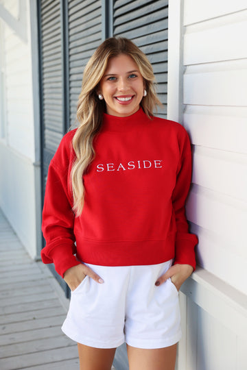 Red Seaside Cropped Mockneck Sweatshirt