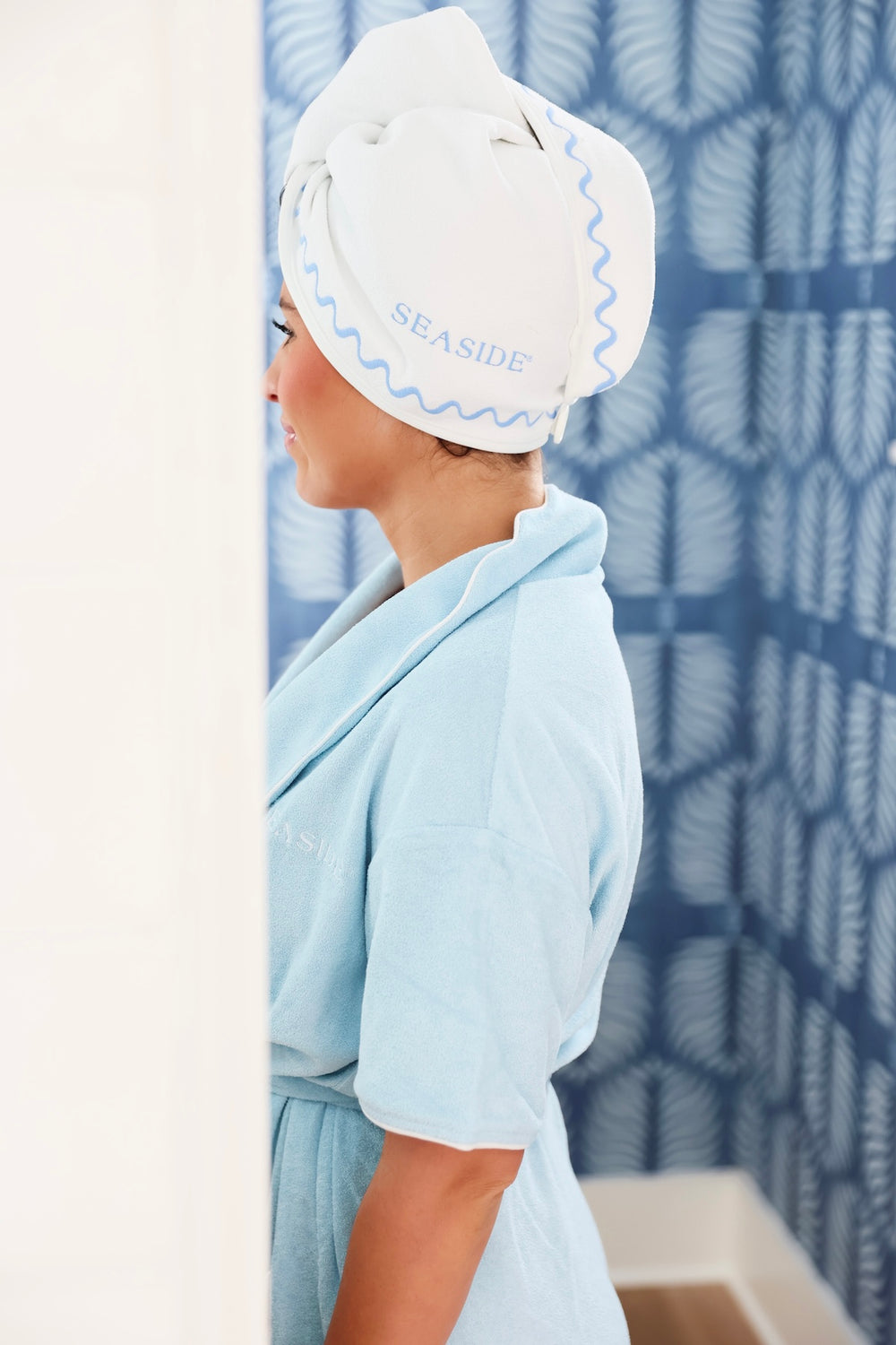 Women’s Seaside Weezie Short Scallop Lightweight Robe and Hair Towel Set The Seaside Style Florida