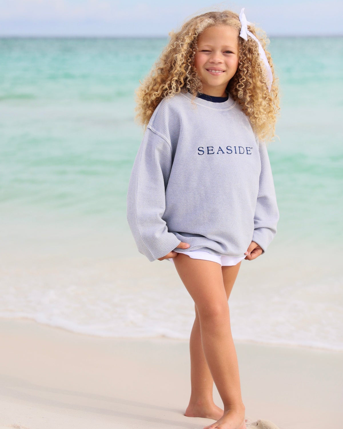 Youth Faded Denim Blue Seaside Corded Ribbed Embroidered Sweatshirt