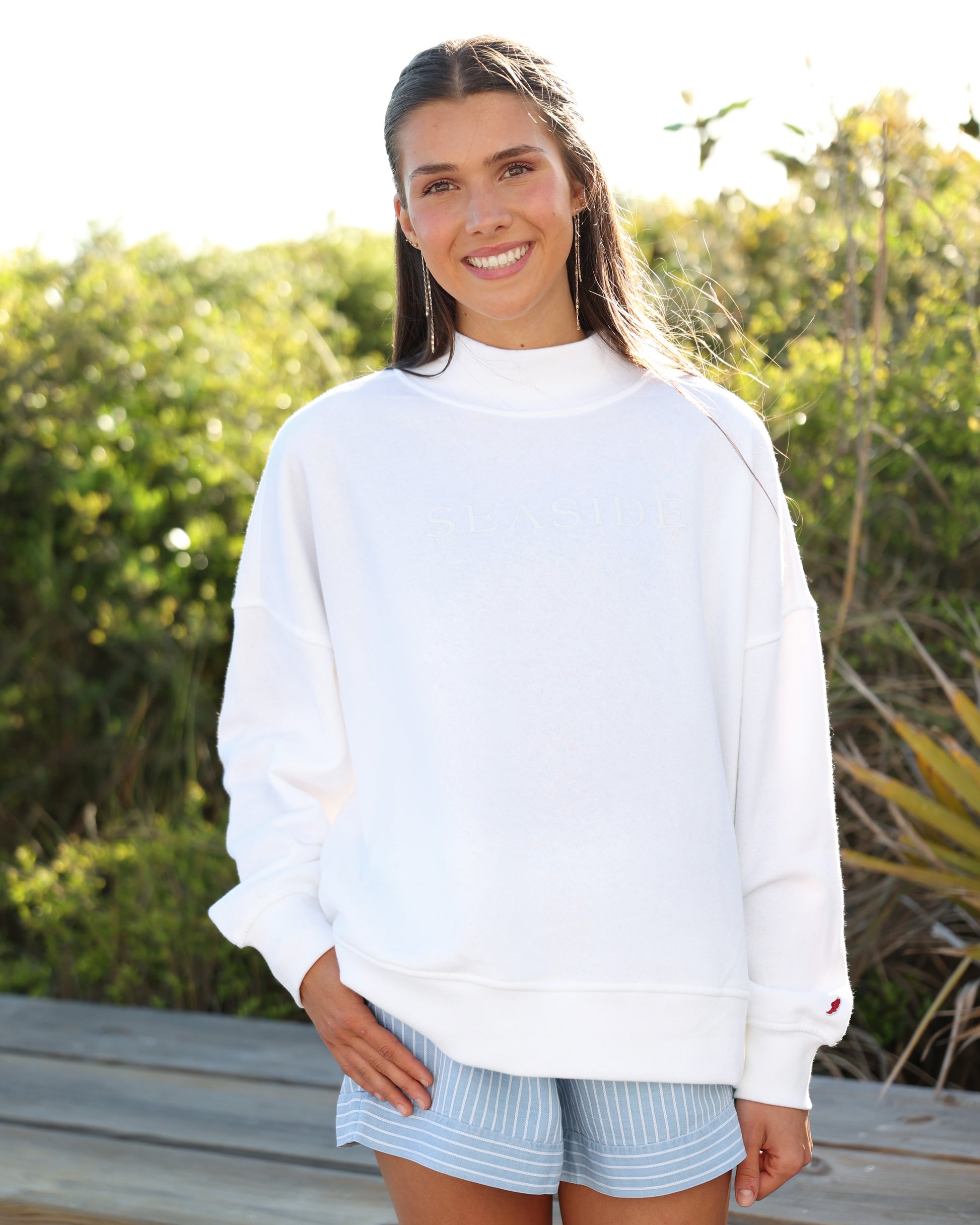 white seaside mockneck sweatshirt the seaside style 30a florida