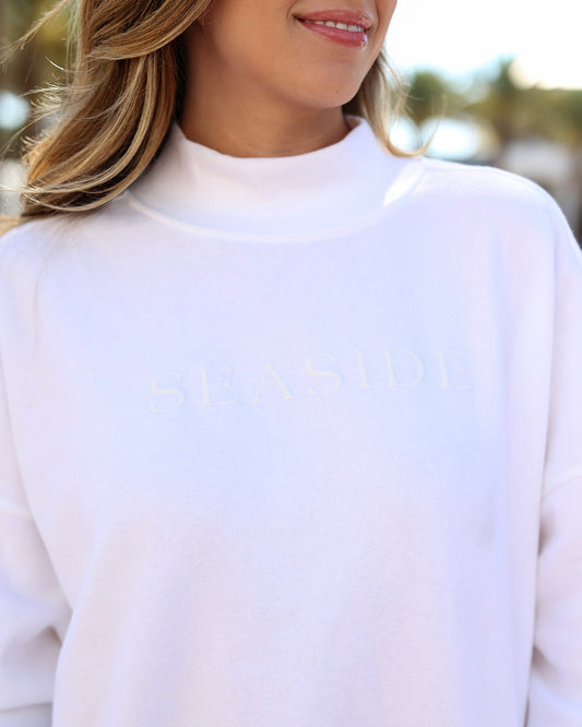 white seaside mockneck sweatshirt 30a the seaside style florida