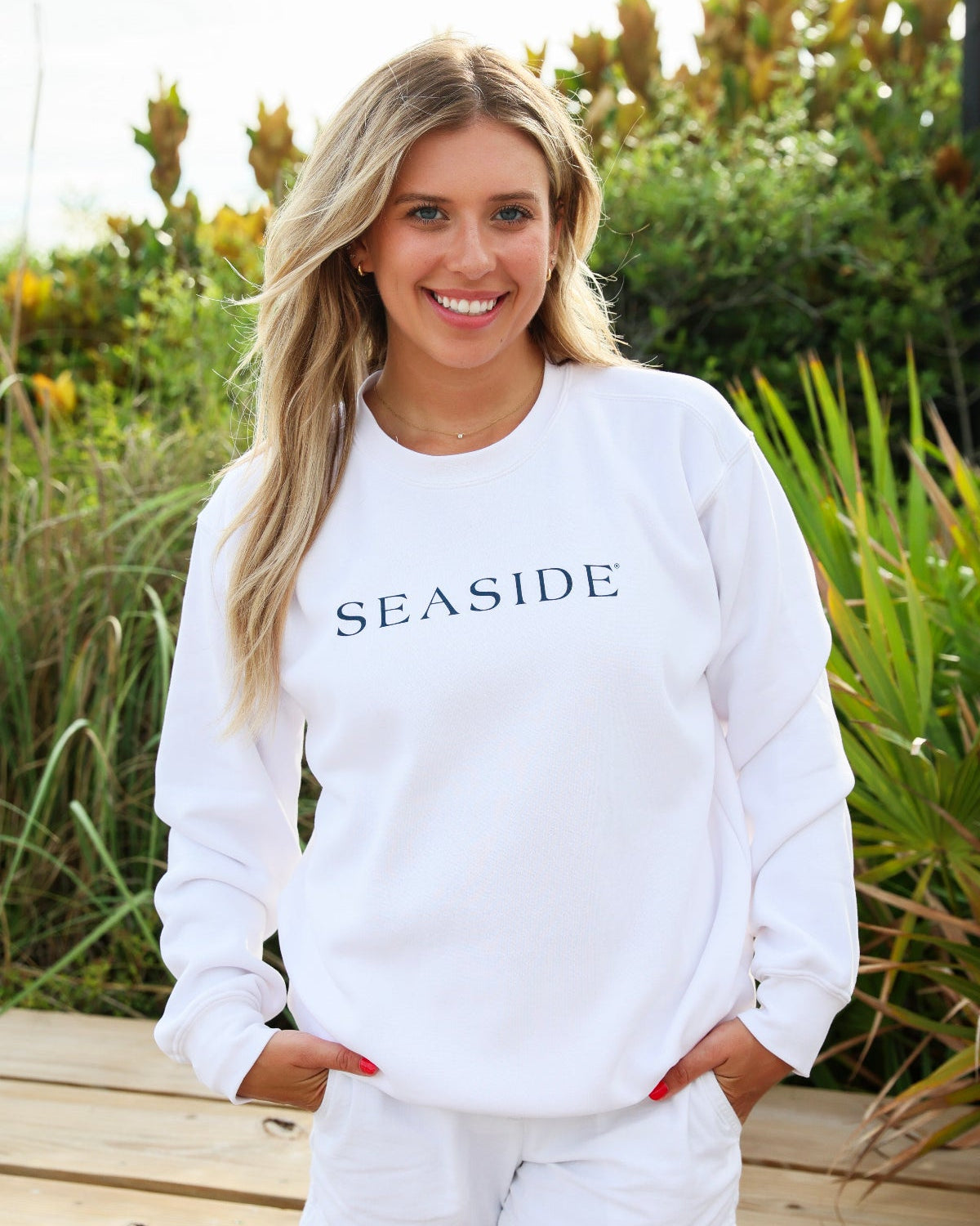 white seaside unisex sweatshirt